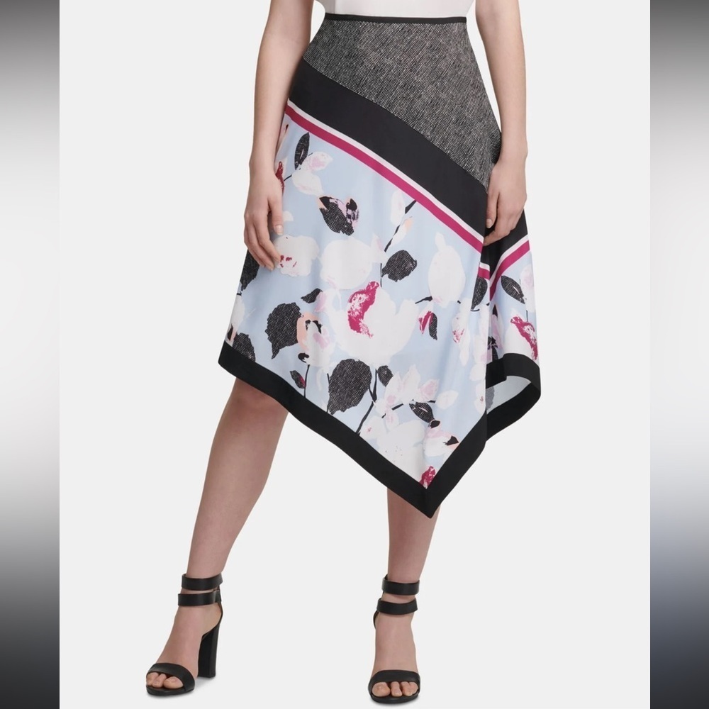 NWT DKNY Asymmetrical Skirt - Black, White, and Blue Floral